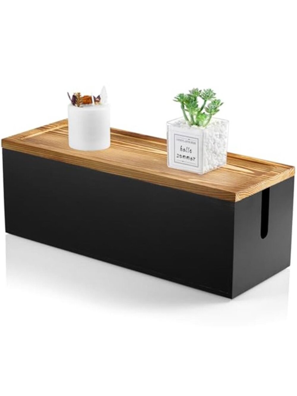 Wooden Cable Management Box Cord Organizer Hide Power Strip Charger Desk Black